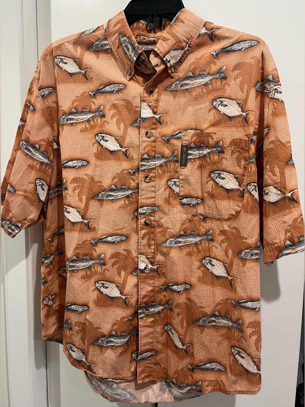 Columbia Orange Fish-Print Short Sleeve Button-Down